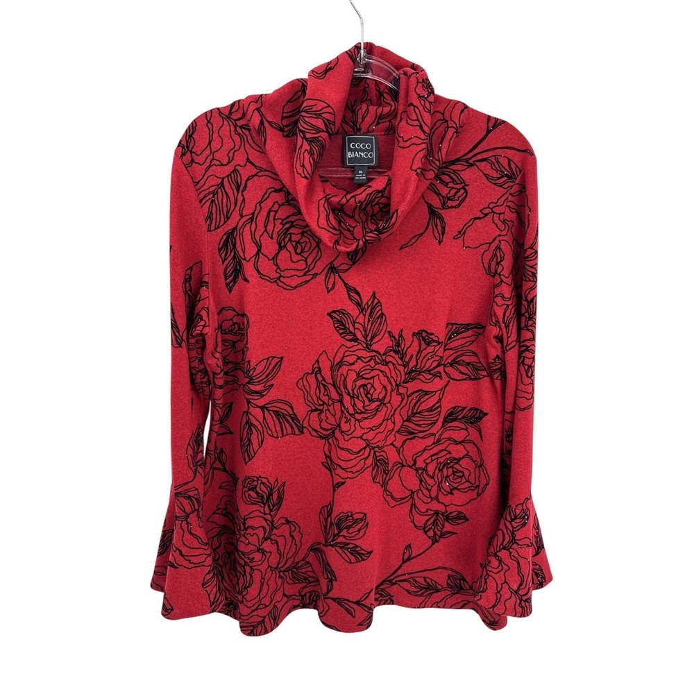 Coco Blanco Turtleneck Sweater Womens XL Red Black Floral Sequin Flutter Sleeve